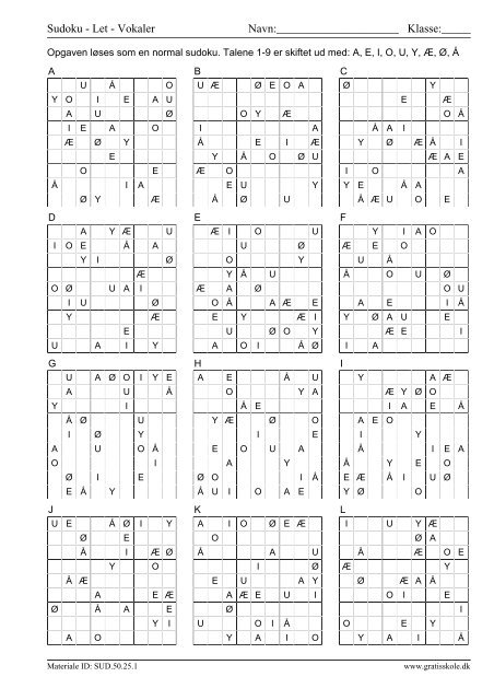 Sudoku - Let - Vokaler Navn: Klasse - GratisSkole.dk