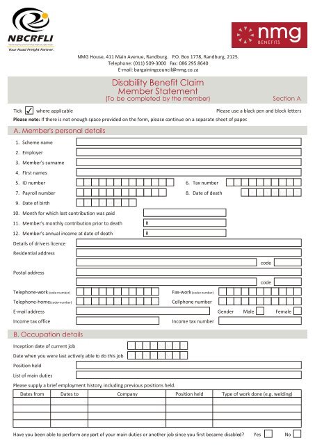 Disability Benefit Claim Member Statement - nbcrfli.org.za