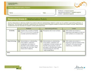 Beginning Grade 8 Mathematics Rubric - LearnAlberta.ca