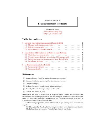 Le comportement territorial Table des mati`eres RÃ©fÃ©rences