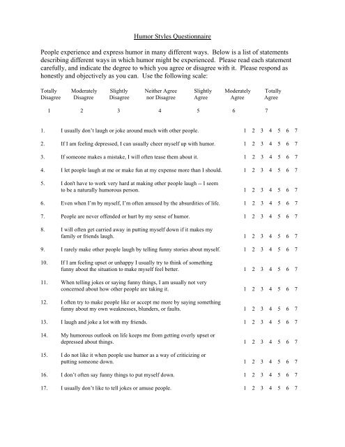 Humor Styles Questionnaire People experience and ... - Psychology