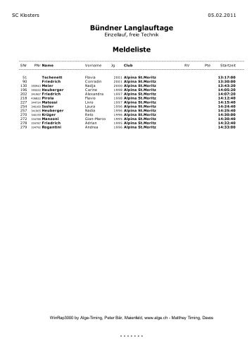 Bündner Langlauftage Meldeliste - Matthey Timing Davos