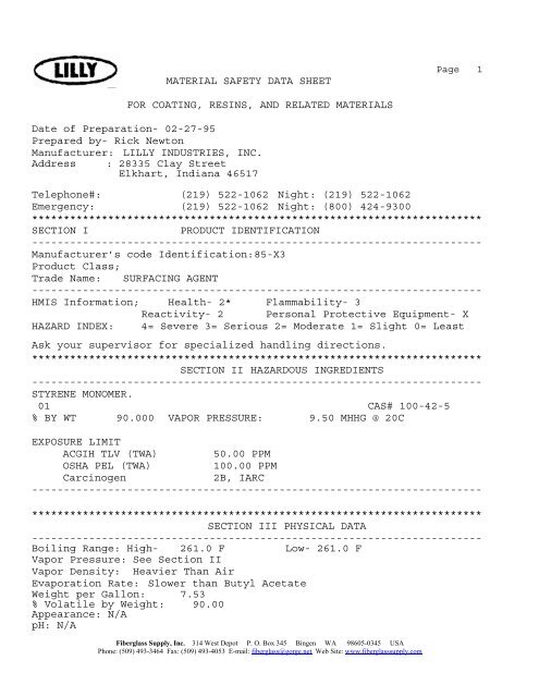 Surfacing Agent MSDS - Fiberglass Supply