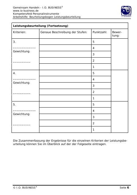 Arbeitshilfe Beurteilungsbogen Leistungsbeurteilung - I.O. Business