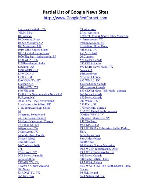 Partial List of Google News Sites - Index of