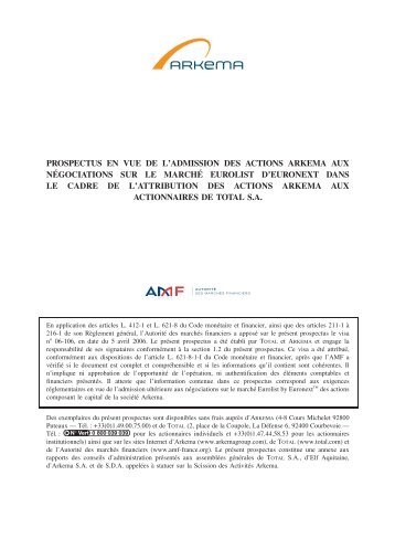 prospectus en vue de l'admission des actions arkema aux n ...