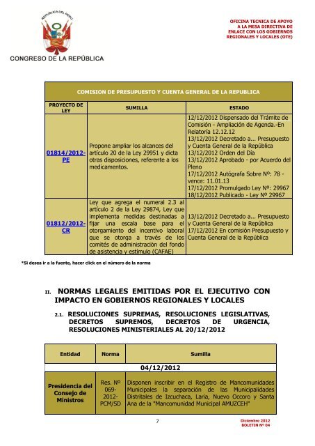 boletin de normas legales - Congreso de la RepÃºblica del PerÃº