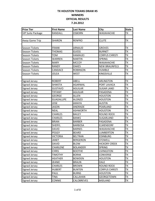 tx houston texans draw #5 winners official results 7.24.2012