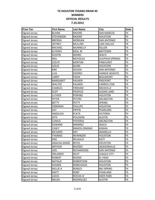 tx houston texans draw #5 winners official results 7.24.2012