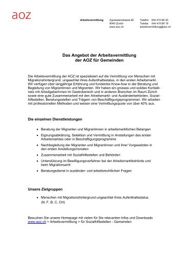 Das Angebot der Arbeitsvermittlung der AOZ für Gemeinden - Zürich