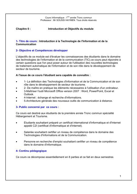 Cours Informatique.pdf - Institut des hautes Ã©tudes touristiques de ...