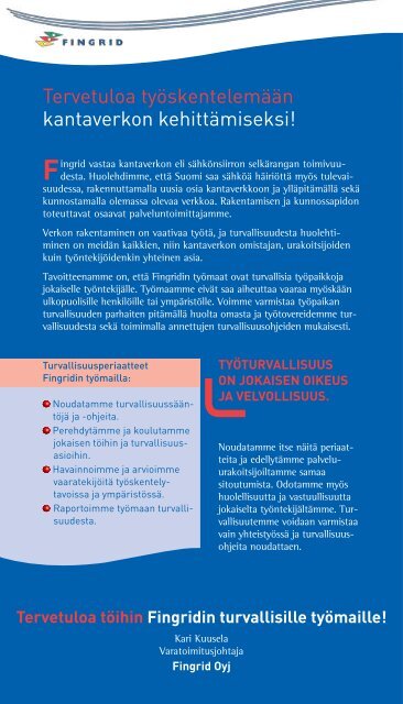 Tervetuloa töihin Fingridin turvallisille työmaille