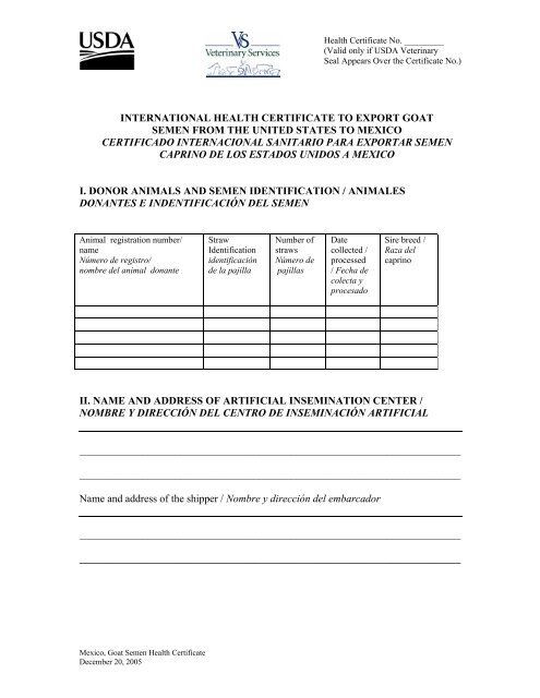 international health certificate to export goat semen from the ... - aphis