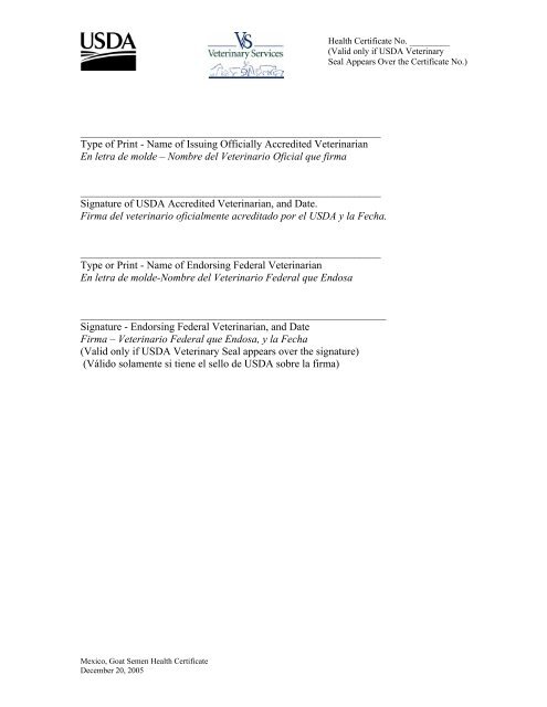 international health certificate to export goat semen from the aphis