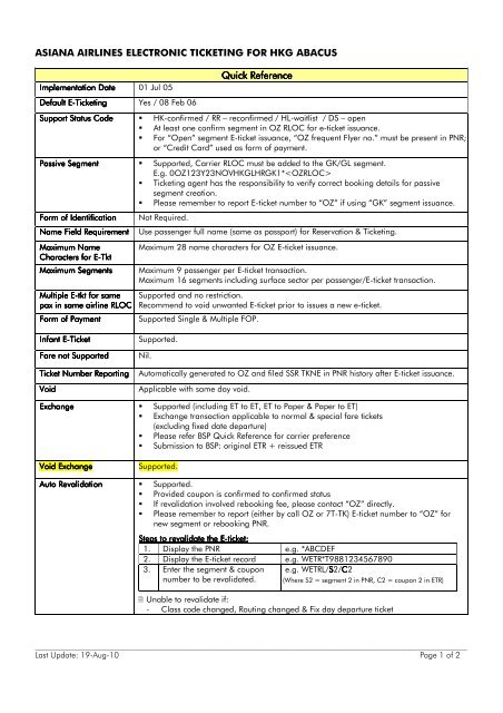 ASIANA AIRLINES ELECTRONIC TICKETING FOR HKG ABACUS ...