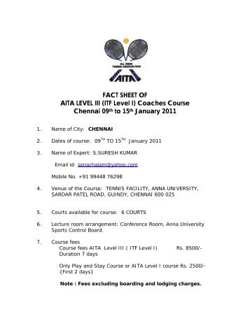 FACT SHEET OF AITA LEVEL III (ITF Level I) Coaches Course ...