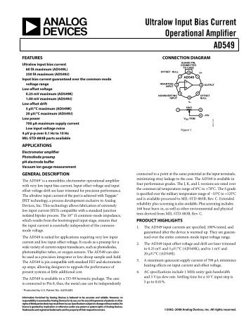 AD549 Ultralow, Input Bias Current Operational Amplifier Data Sheet