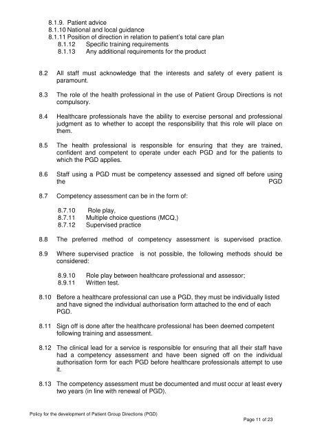 POLICY FOR PATIENT GROUP DIRECTIONS (PGD) - NHS