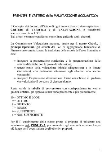 PRINCIPI E CRITERI della VALUTAZIONE SCOLASTICA