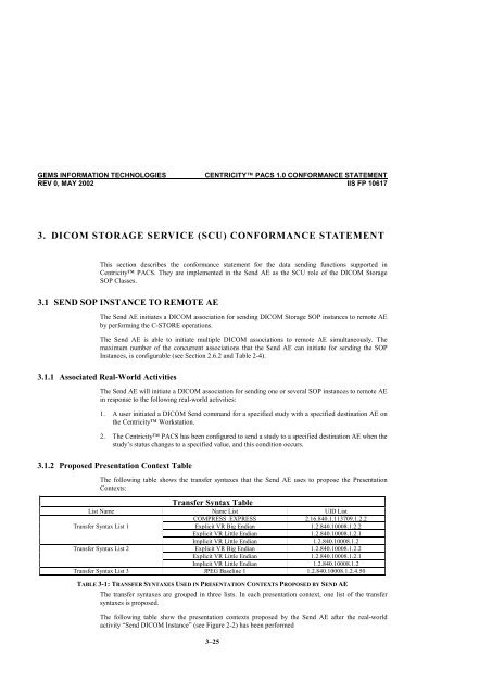 Centricity PACS Version 1.0 CONFORMANCE STATEMENT for ...