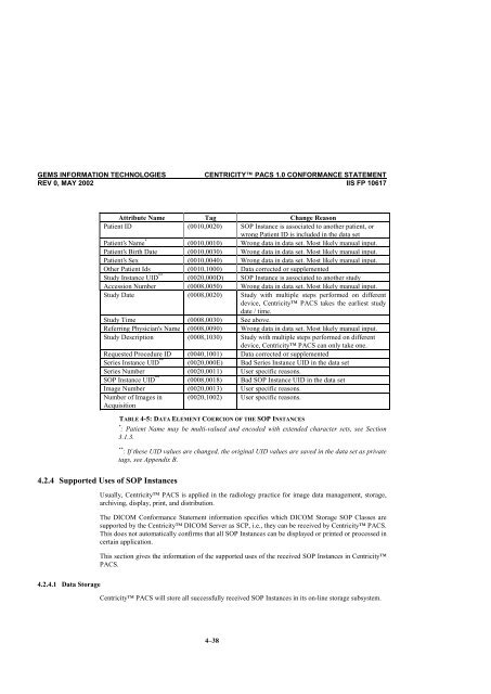 Centricity PACS Version 1.0 CONFORMANCE STATEMENT for ...