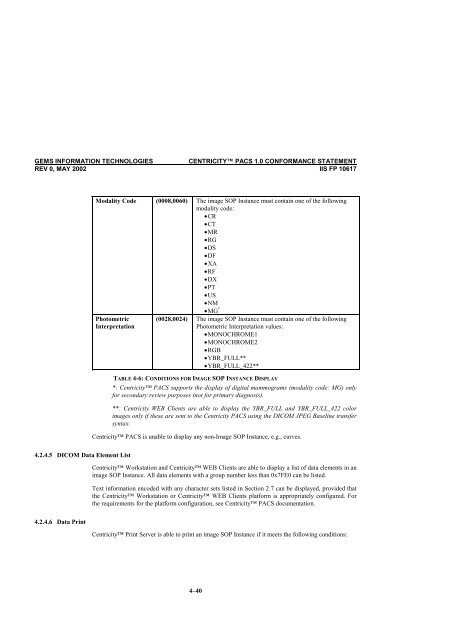 Centricity PACS Version 1.0 CONFORMANCE STATEMENT for ...