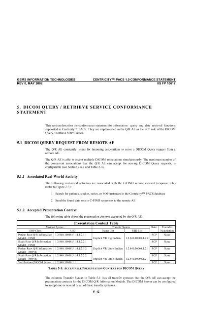 Centricity PACS Version 1.0 CONFORMANCE STATEMENT for ...