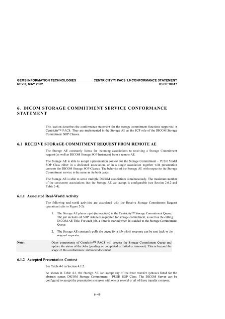 Centricity PACS Version 1.0 CONFORMANCE STATEMENT for ...