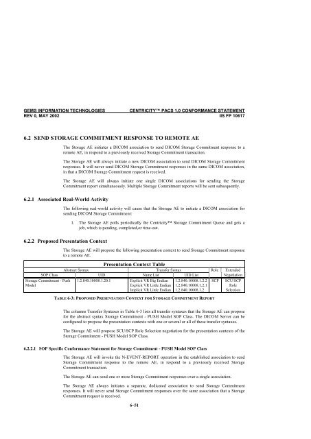 Centricity PACS Version 1.0 CONFORMANCE STATEMENT for ...