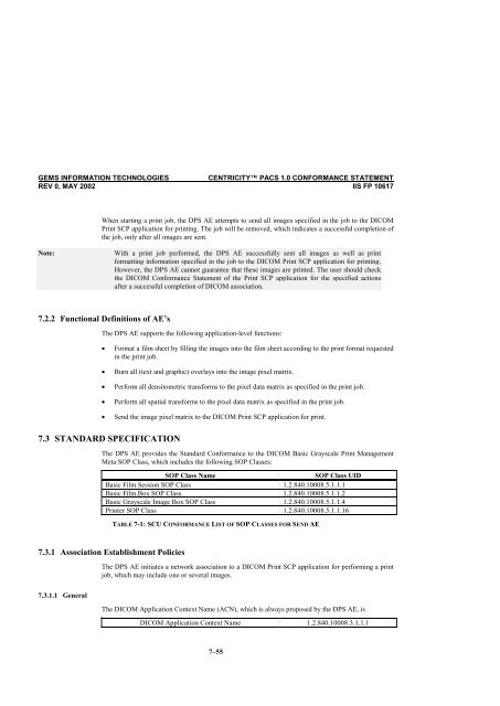 Centricity PACS Version 1.0 CONFORMANCE STATEMENT for ...