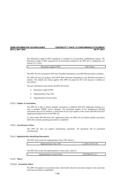 Centricity PACS Version 1.0 CONFORMANCE STATEMENT for ...