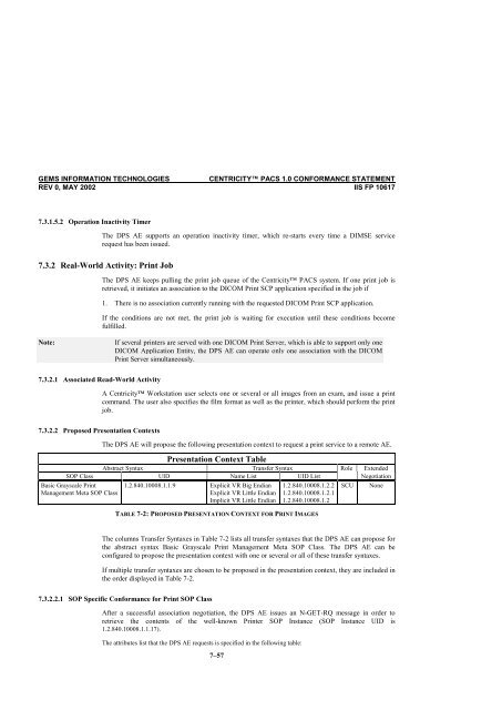 Centricity PACS Version 1.0 CONFORMANCE STATEMENT for ...