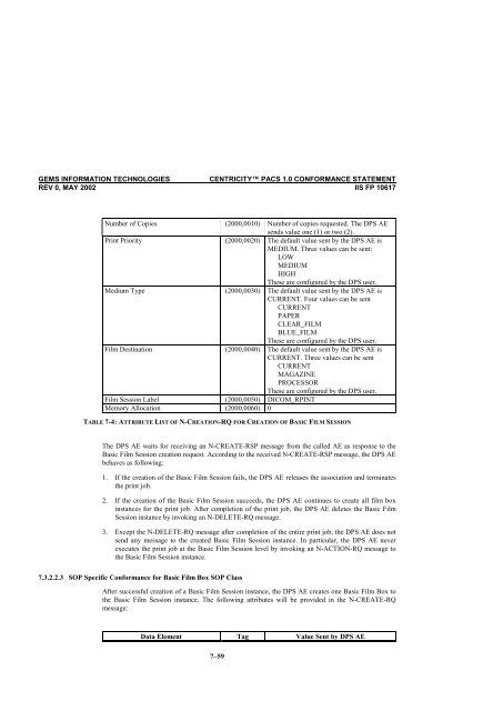 Centricity PACS Version 1.0 CONFORMANCE STATEMENT for ...