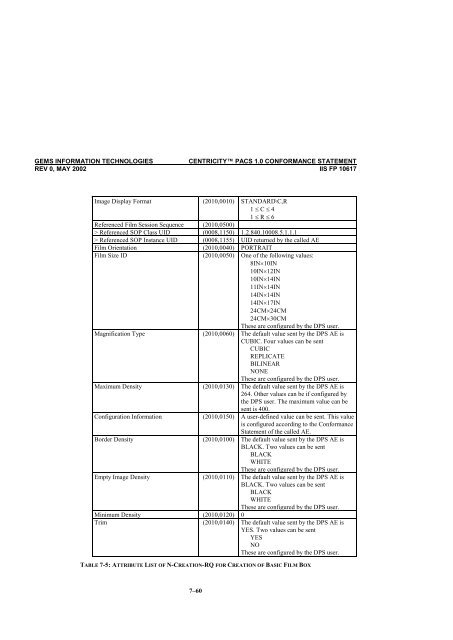 Centricity PACS Version 1.0 CONFORMANCE STATEMENT for ...