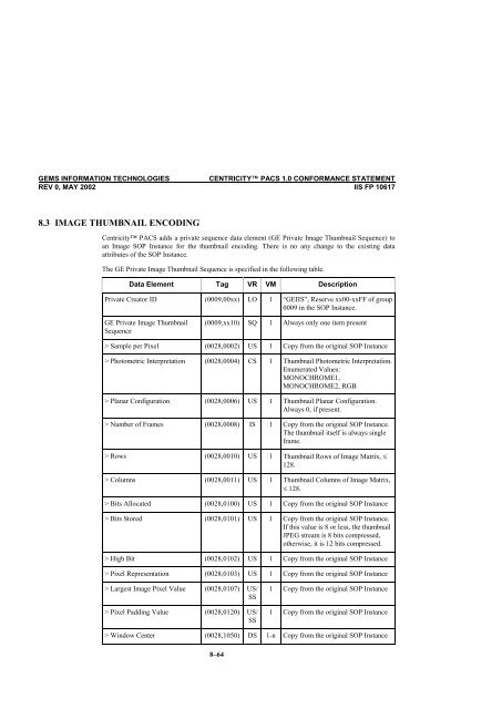 Centricity PACS Version 1.0 CONFORMANCE STATEMENT for ...