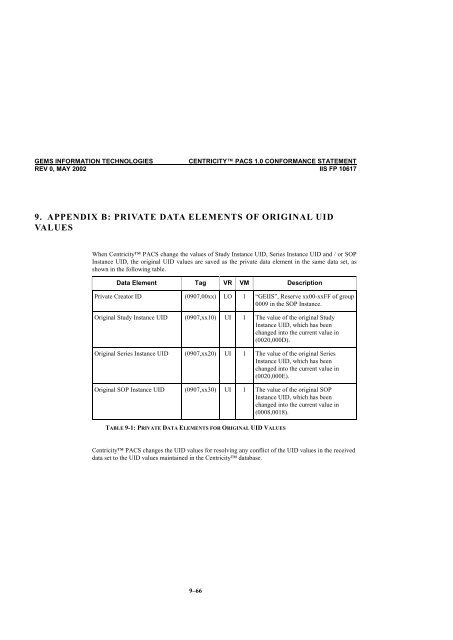 Centricity PACS Version 1.0 CONFORMANCE STATEMENT for ...