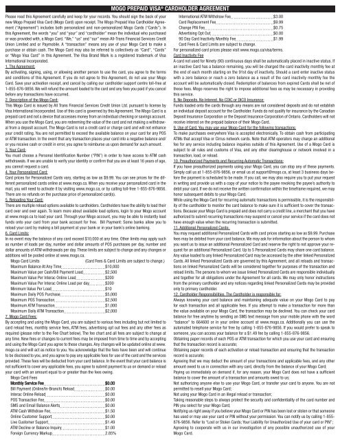 MOGO PREPAID VISA CARDHOLDER AGREEMENT Mogo ca