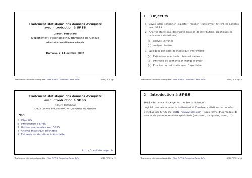 1 Objectifs 2 Introduction `a SPSS - Statistique pour sciences sociales