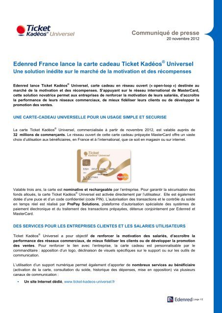 Edenred France lance la carte cadeau Ticket KadÃ©osÂ® Universel