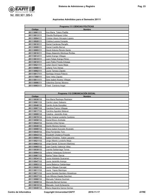 Sistema de Admisiones y Registro Pag. 1 Aspirantes - Universidad ...