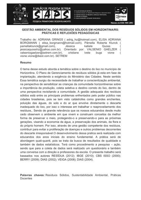 GestÃ£o Ambiental dos ResÃ­duos SÃ³lidos em Horizontina/RS - Setrem