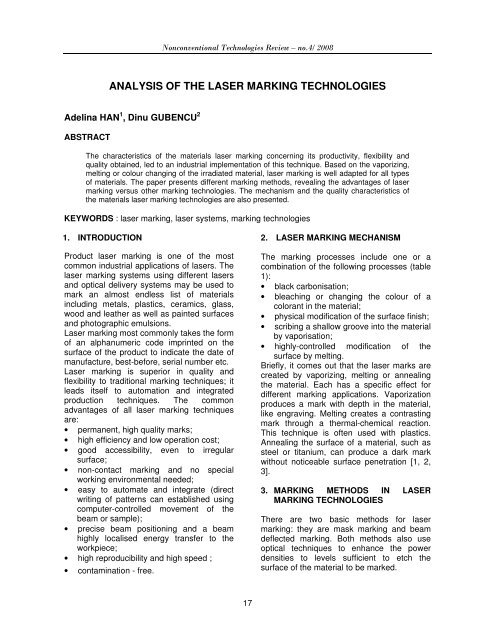 ANALYSIS OF THE LASER MARKING TECHNOLOGIES - Revtn.ro