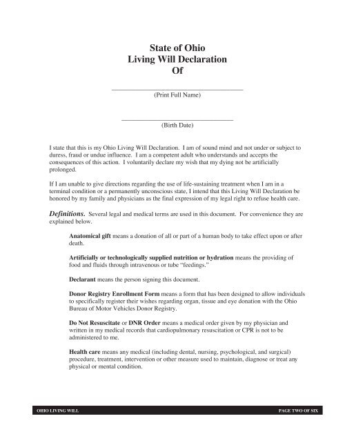 State of Ohio Living Will Declaration Notice to Declarant