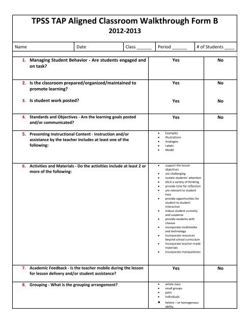 TPSS TAP Aligned Classroom Walkthrough Form B 2012-2013