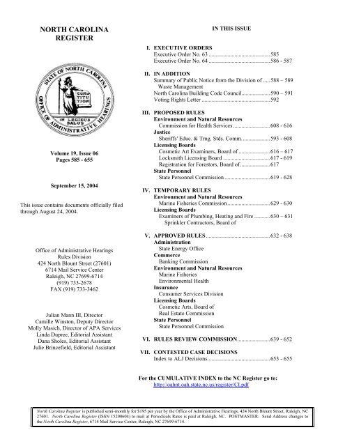 NC Register Volume 19 Issue 06 - Office of Administrative Hearings