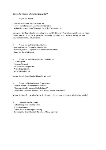 Gesprachsleitfaden Bewerbungsgesprach 1 Fragen Zur Person