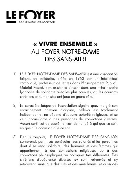 Texte du Vivre Ensemble - Foyer Notre-Dame des Sans-Abri