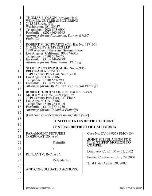 Paramount Pictures Corporation v. ReplayTV, Inc., Joint Stipulation ...