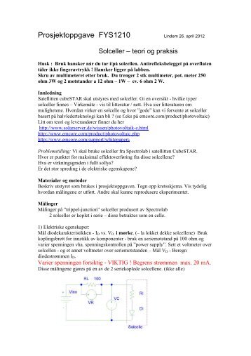 Prosjektoppgave : Solceller – teori og praksis