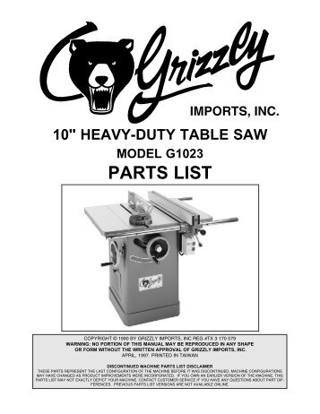 model g1023 parts list - Grizzly.com